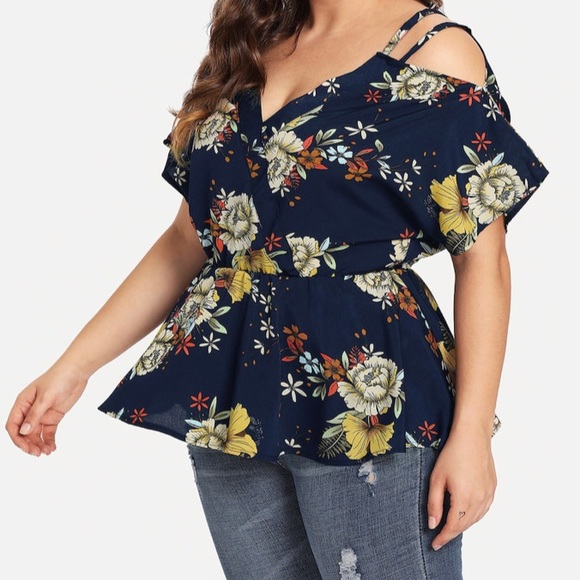 ➕Floral Cold Shoulder Peplum Top - Picture 2 of 6